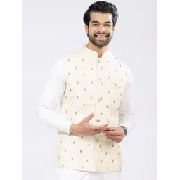 INAAYA JAIPUR Embroidered Mandarin Collar Pure Silk Nehru Jacket-picture-28