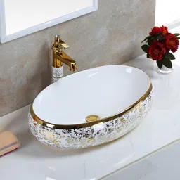 inart Wash Basin Designer Ceramic Wash Basin/Vessel Sink/Over or Above Counter Top Wash Basin for Bathroom Oval Shape, Golden (White, 24 x 16 x 6 Inch) Table Top Basin-picture-13