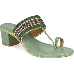 inc.5 Women Green Ethnic Kolhapuri One Toe Block Heels-picture-17