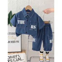 INCLUD Boys Printed Short Sleeves Denim Shirt With Cargo Pants-picture-41