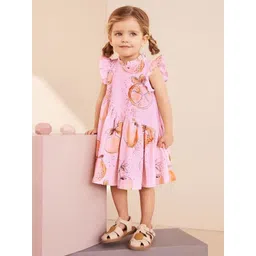 INCLUD Girls Orange Printed Flutter Sleeves Fit & Flare Dress-picture-37