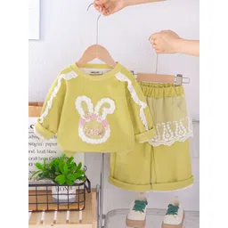 INCLUD Girls Rabbit Applique Self Design Round Neck Pure Cotton Sweatshirt With Trousers-picture-13