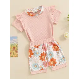 INCLUD Girls Striped Self Design Round Neck Top With Floral Shorts-picture-33