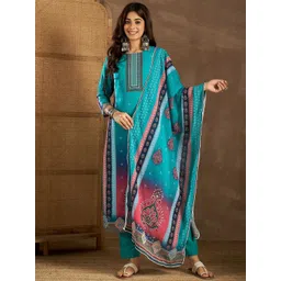 Inddus Ethnic Motifs Printed Round Neck Georgette Straight Kurta With Trousers & Dupatta-picture-28