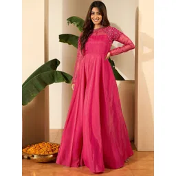 Inddus Floral Embroidered Thread Work A-Line Silk Maxi Ethnic Dress-picture-19