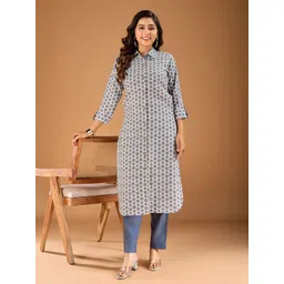 Inddus Geometric Printed Shirt Collar Roll-Up Sleeves Kurta-picture-35