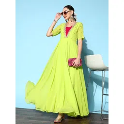 Inddus Green & Pink Ethnic Motifs Embroidered Georgette Maxi Dress-image-8