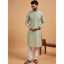 Inddus Green Ethnic Motif Embroidered Chikankari Straight Kurta-image-5