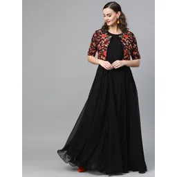 Inddus Women Black Solid Gown With Heavy Embroidered Satin Jacket-picture-31