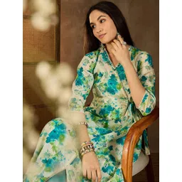 Inddus Women Floral Printed Angrakha Mirror Work Kurta with Trousers image 2