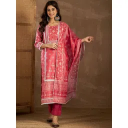 Inddus Women Floral Printed Regular Chanderi Cotton Kurta with Trousers & With Dupatta-picture-29