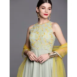 Inddus Women Green & Yellow Floral Yoke Design Georgette Anarkali Kurta with Dupatta-image-11