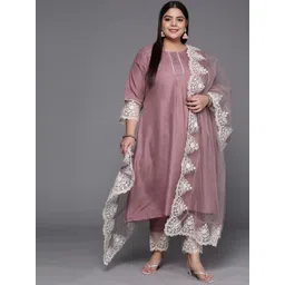 INDDUS PLUS Women Mauve & White Solid Lace Inserts Kurta with Trousers & Net Dupatta-picture-29