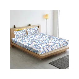 INDHOME LIFE Blue & White Floral Cotton 210 TC Fitted Queen Bedsheet with 2 Pillow Covers-picture-36