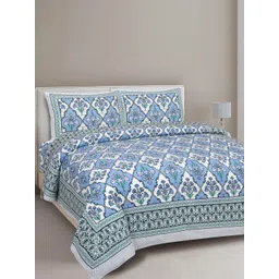 INDHOME LIFE White & Blue Ethnic Motifs 210 TC King Bedsheet with 2 Pillow Covers-picture-23
