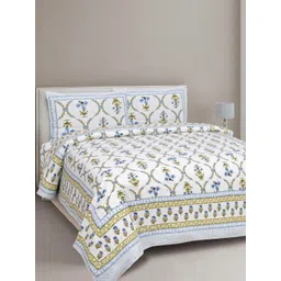 INDHOME LIFE White & Blue Ethnic Motifs 210 TC King Bedsheet with 2 Pillow Covers-picture-10
