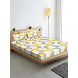 INDHOME LIFE Yellow Geometric 210 TC Cotton Fitted Queen Bedsheet with 2 Pillow Covers image 1