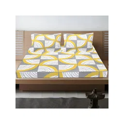 INDHOME LIFE Yellow Geometric 210 TC Cotton Fitted Queen Bedsheet with 2 Pillow Covers image 3