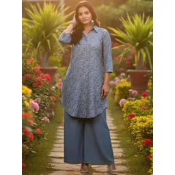 Indi INSIDE Leaf Printed Linen Shirt Collar High-Low Tunic & Palazzos Co-Ords-picture-18