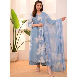 Indi INSIDE Women Floral Printed Angrakha Sequinned Pure Cotton Kurta with Palazzos & With Dupatta-picture-18