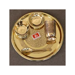 Indian Bartan Gold Brass Dinner Plate With Bowl, Glass & Spoon Set-picture-26