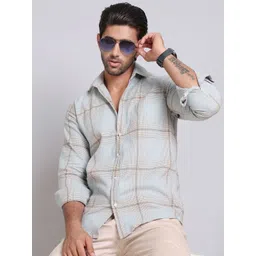 Indian Needle Men Classic Spread Collar Windowpane Checked Cotton Casual Shirt-picture-16