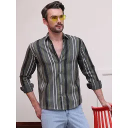 Indian Needle Olive Cotton Regular Fit Striped Shirt-picture-14