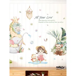 INDIAN ROYALS Green & Red Cute Girl With Elephant Grass Giraffe Vinyl Wall Sticker image 4