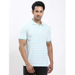indian terrain Men Striped Polo Neck Cotton Blend Blue T-Shirt-picture-11