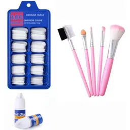 indiana huda 100 Pcs Reusable Acrylic False Nails With Nail Glue & 5In1 Soft Bristle Makeup Brush-picture-39