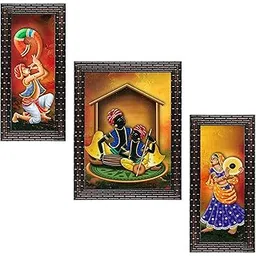 Indianara 3 PC Set of Rajasthani Folk Music & Dance Paintings (1084) Without Glass 6 X 13, 10.2 X 13, 6 X 13 inch-Multicolour-picture-13