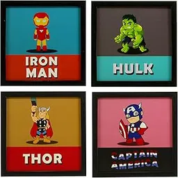 Indianara 4 Piece Set of Framed Wall Hanging Kids Room Decor Iron Man Hulk Thor Captain America Art Prints 8.7 INCH X 8.7 INCH Without Glass(multicolor898)-image-3