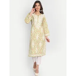 Indiankala4u Notched Neck Floral Printed Thread Work Pure Cotton Chikanakri Kurta-picture-30