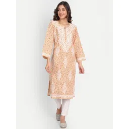 Indiankala4u Notched Neck Floral Printed Thread Work Pure Cotton Chikanakri Kurta-picture-15