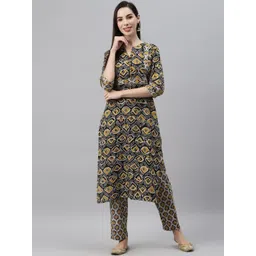 Indibelle Women Black & Yellow Pure Cotton Ethnic Motifs Printed Kurta-picture-38