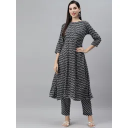 Indibelle Women Black Ethnic Motifs Printed Empire Pure Cotton Kurta with Trousers-picture-19
