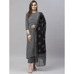 Indibelle Women Black Printed Pure Cotton Kurta with Trousers & With Dupatta-picture-13