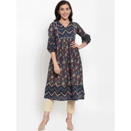 Indibelle Women Blue & Beige Printed Kurta with Trousers-picture-25