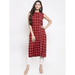 Indibelle Women Maroon & Orange Checked Straight Kurta image 1