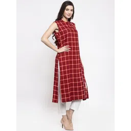 Indibelle Women Maroon & Orange Checked Straight Kurta image 2