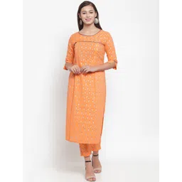 Indibelle Women Orange & Silver Printed Straight Kurta-picture-11