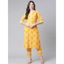 Indibelle Women Yellow & Brown Pure Cotton Ethnic Motifs Printed Straight Kurta-picture-26