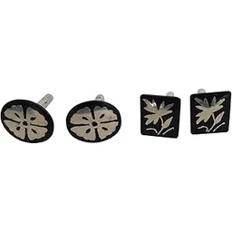 indic inspirations Handmade Bidriware Pure Silver Inlayed Oxidized Cufflinks Floral - Two Pairs Cufflinks Black (Width 1.5 cms x Length 2 cm)-picture-49