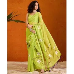 indie picks Floral Print Linen Cotton Saree -picture-39