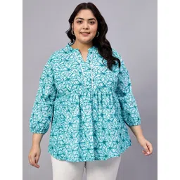 Indietoga Plus Size Cotton Printed Mandarin Collar Puff Sleeve Top-picture-28