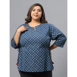 Indietoga Plus Size Ethnic Motif Printed Indigo Pure Cotton A-Line Top-picture-10