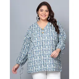 Indietoga Plus Size Ethnic Motifs Printed V-Neck Puff Sleeves Cotton Tunics image 1