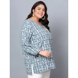 Indietoga Plus Size Ethnic Motifs Printed V-Neck Puff Sleeves Cotton Tunics image 3