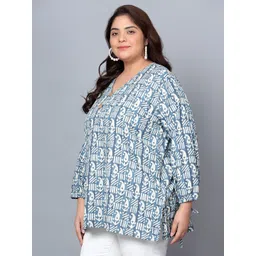 Indietoga Plus Size Ethnic Motifs Printed V-Neck Puff Sleeves Cotton Tunics image 4