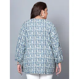 Indietoga Plus Size Ethnic Motifs Printed V-Neck Puff Sleeves Cotton Tunics image 5